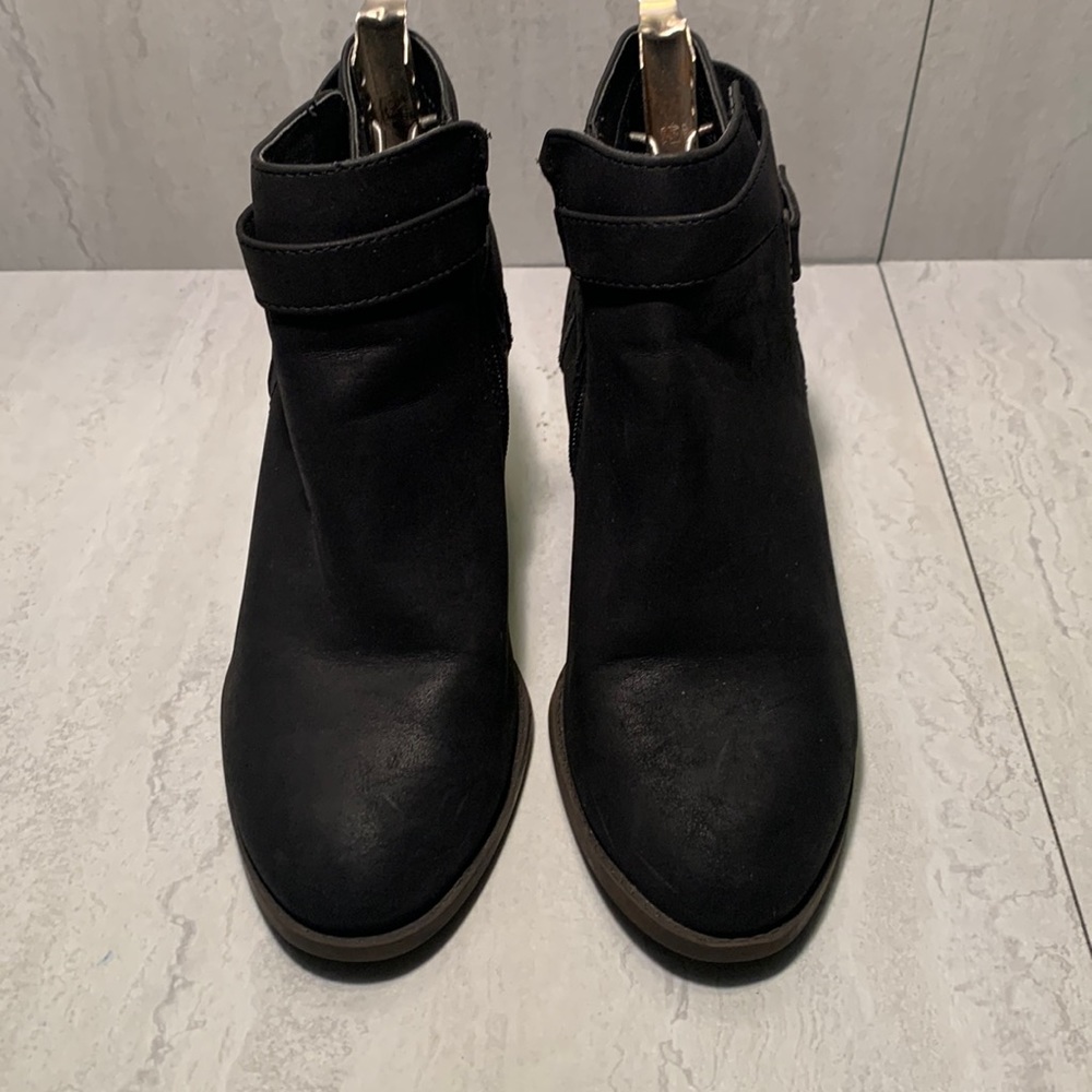 Cityclassified Black Faux Leather Buckle Strap Details Block Heel Ankle Boots